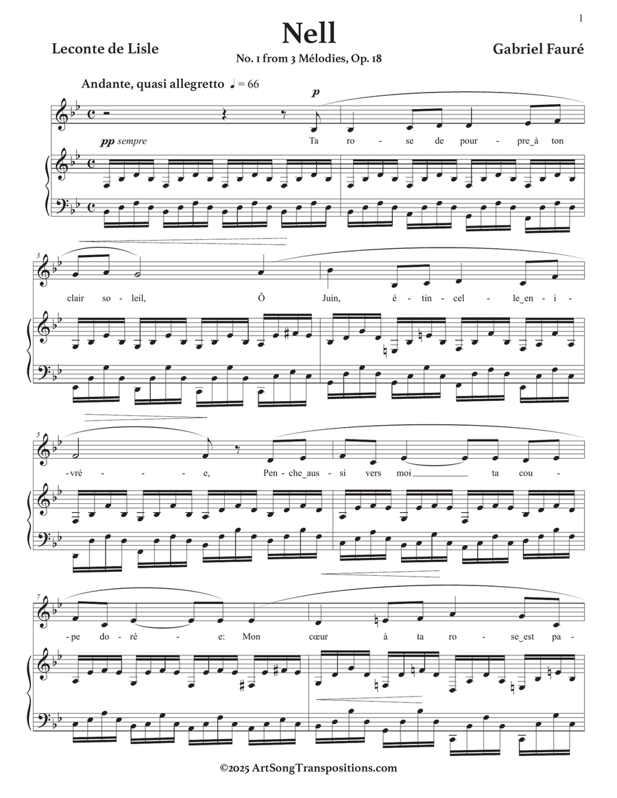 FAURÉ: Nell, Op. 18 no. 1 (transposed to B-flat major) Piano, Vocal scores gallery preview page 2