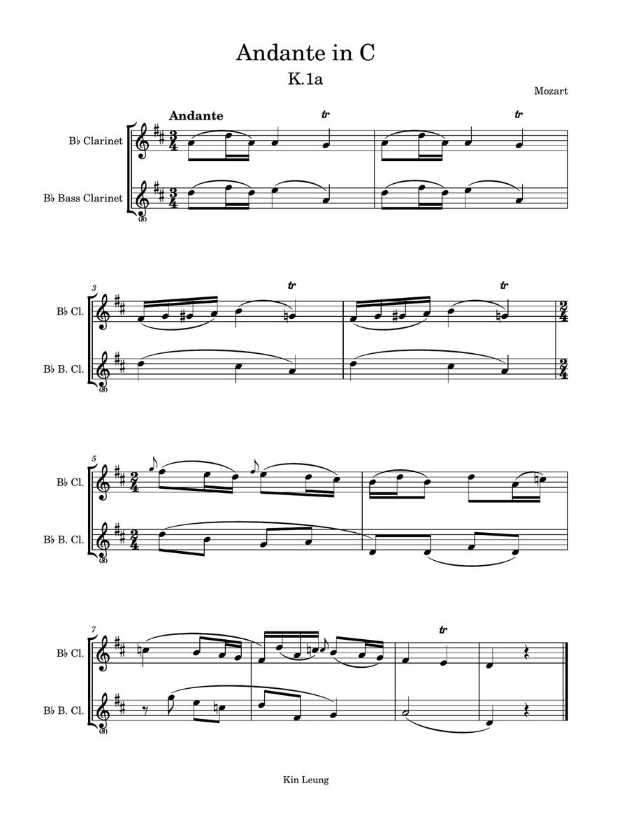 andante in C for clarinet and bass clarinet duet Clarinet Duet scores gallery preview page 1