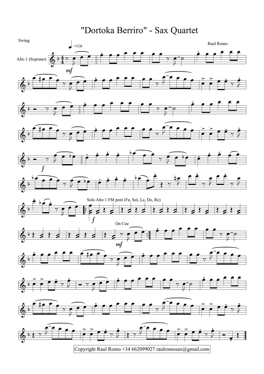 Dortoka Berriro - SWING SAXOPHONE QUARTET Saxophone Quartet scores gallery preview page 4