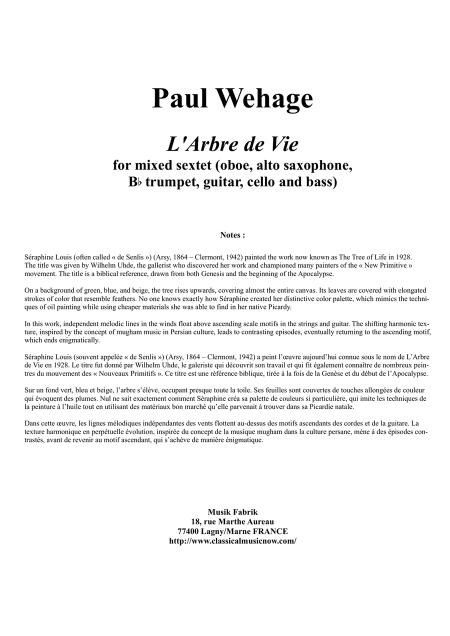 Paul Wehage : L'Arbre de Vie for mixed sextet Small Ensemble scores gallery preview page 1
