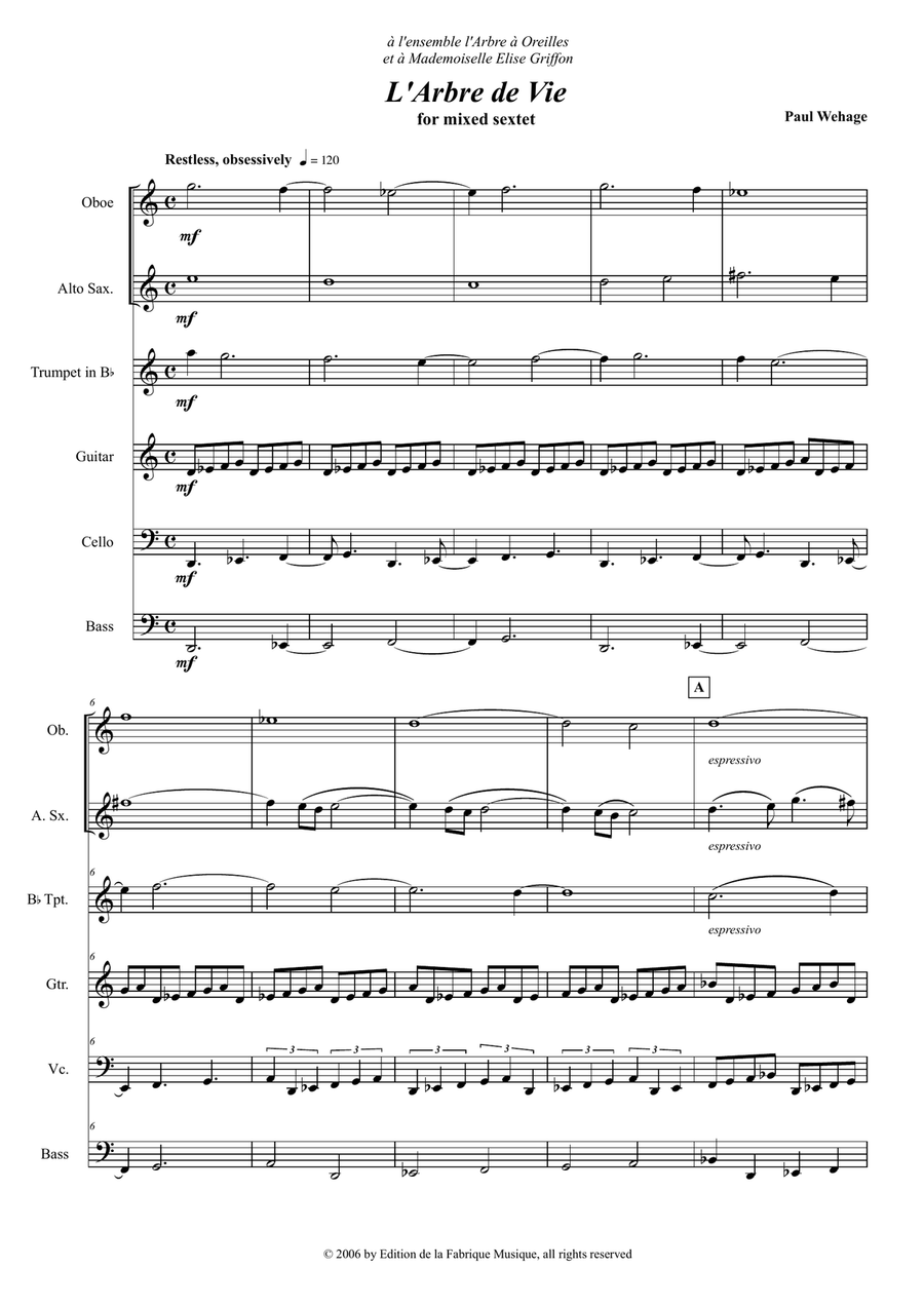 Paul Wehage : L'Arbre de Vie for mixed sextet Small Ensemble scores gallery preview page 2