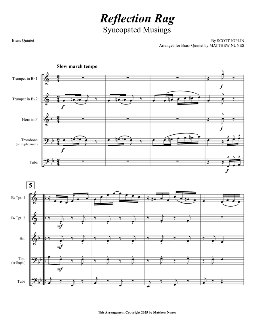 Reflection Rag (Syncopated Musings) Brass Quintet scores gallery preview page 1