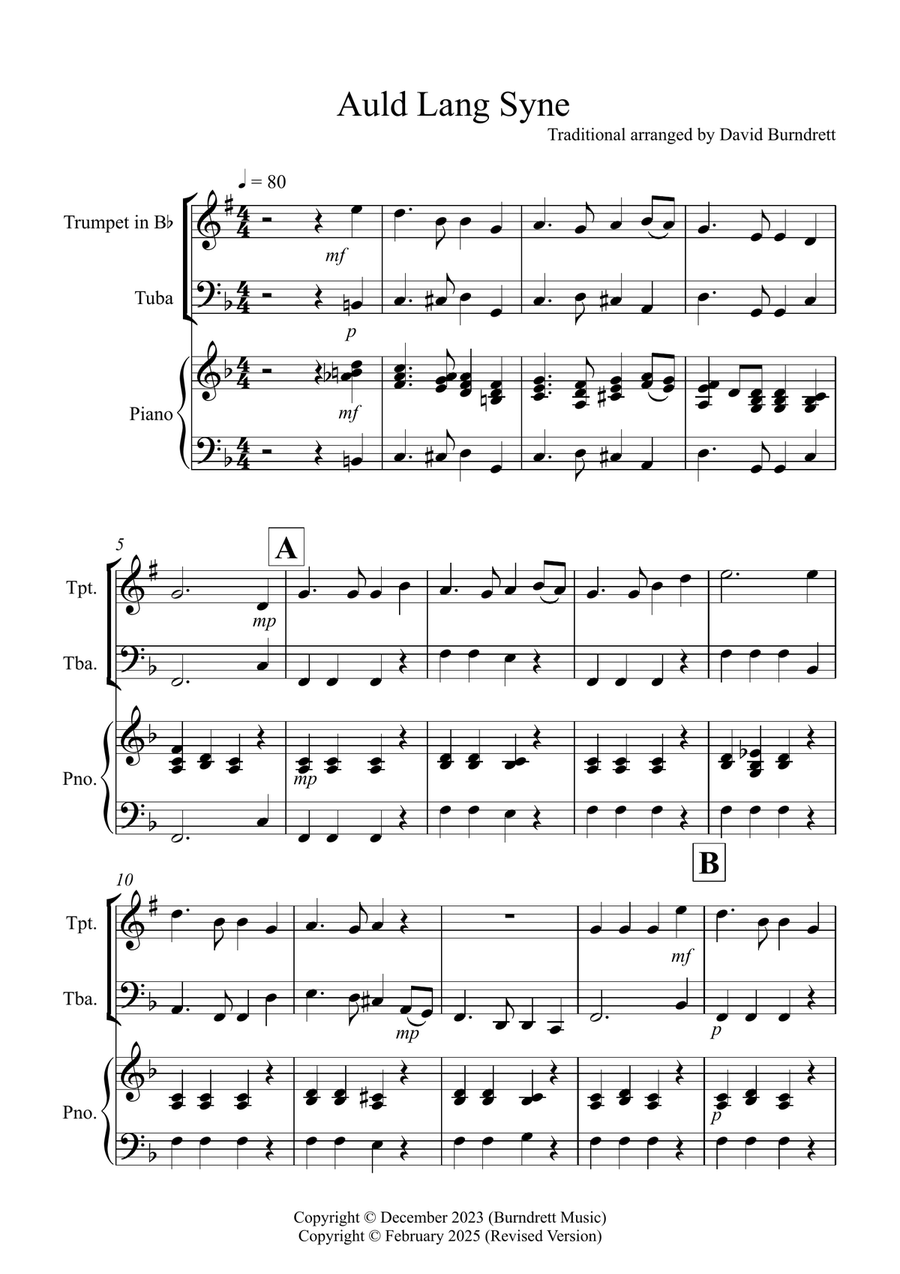 Auld Lang Syne for Trumpet and Tuba Duet Brass Duet scores gallery preview page 1