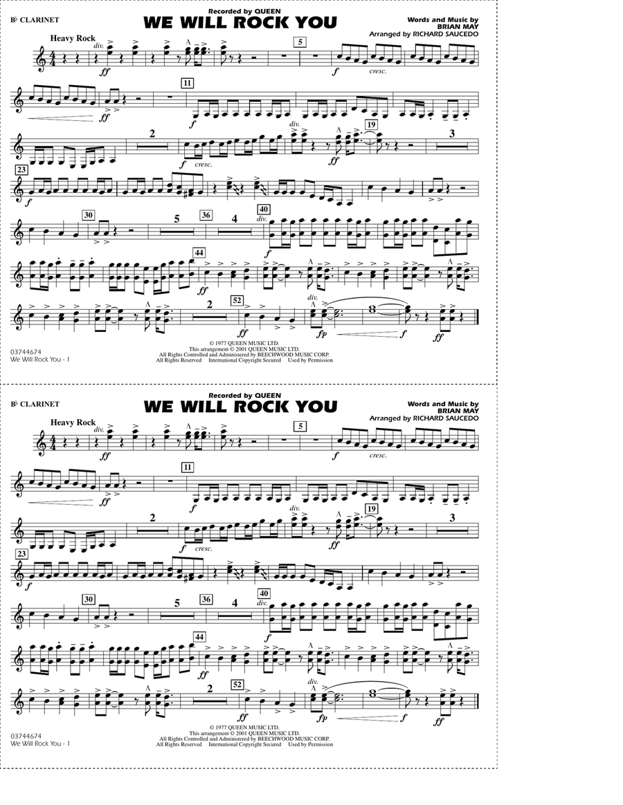 We Will Rock You (arr. Richard Saucedo) - Bb Clarinet Marching Band scores gallery preview page 1