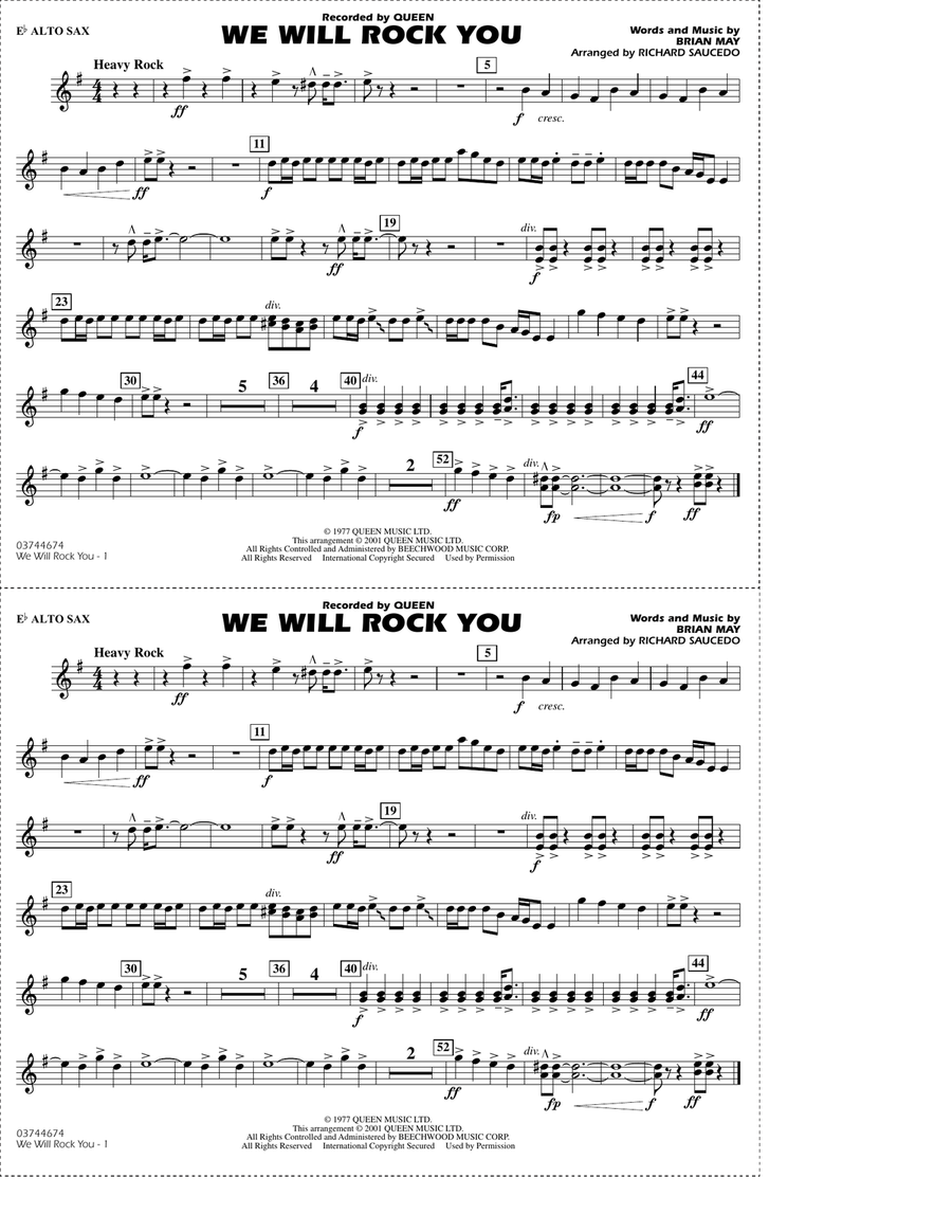 We Will Rock You (arr. Richard Saucedo) - Eb Alto Sax Marching Band scores gallery preview page 1