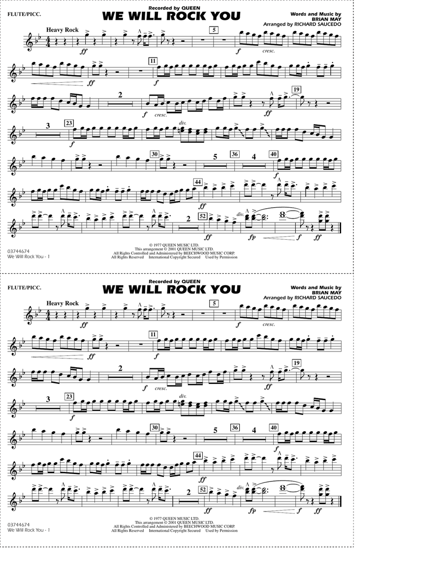We Will Rock You (arr. Richard Saucedo) - Flute/Piccolo Marching Band scores gallery preview page 1