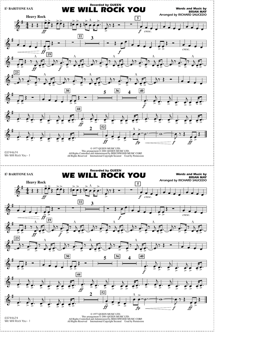 We Will Rock You (arr. Richard Saucedo) - Eb Baritone Sax Marching Band scores gallery preview page 1