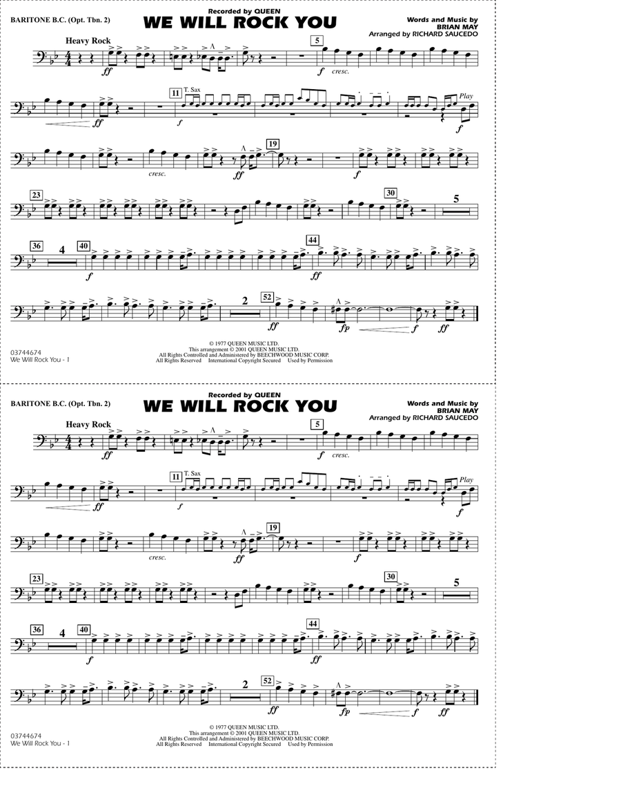 We Will Rock You (arr. Richard Saucedo) - Baritone B.C. (Opt. Tbn. 2) Marching Band scores gallery preview page 1