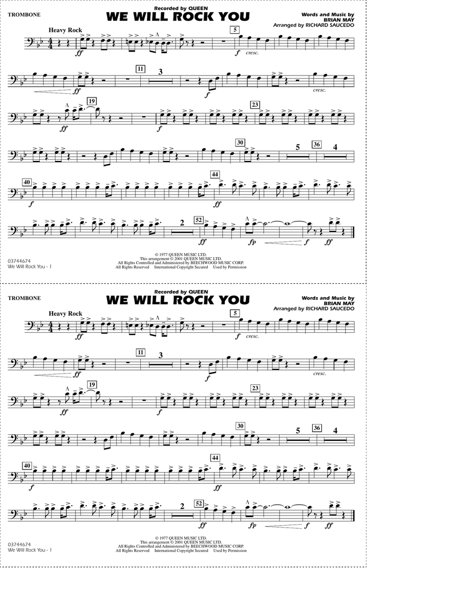 We Will Rock You (arr. Richard Saucedo) - Trombone Marching Band scores gallery preview page 1