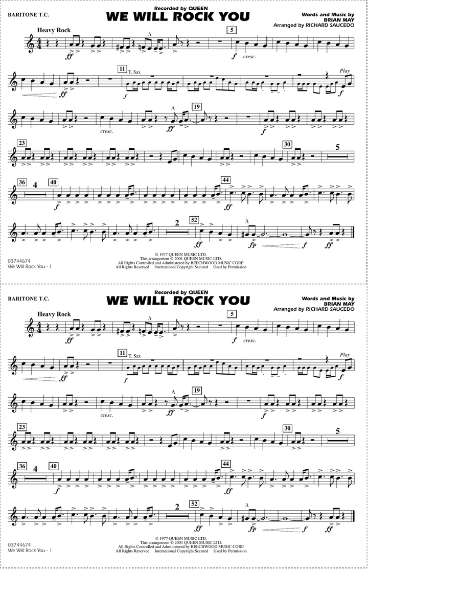 We Will Rock You (arr. Richard Saucedo) - Baritone T.C. Marching Band scores gallery preview page 1