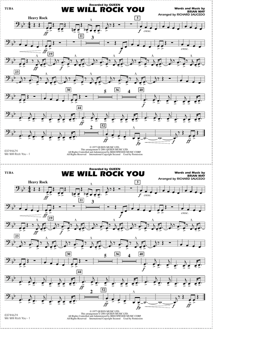 We Will Rock You (arr. Richard Saucedo) - Tuba Marching Band scores gallery preview page 1