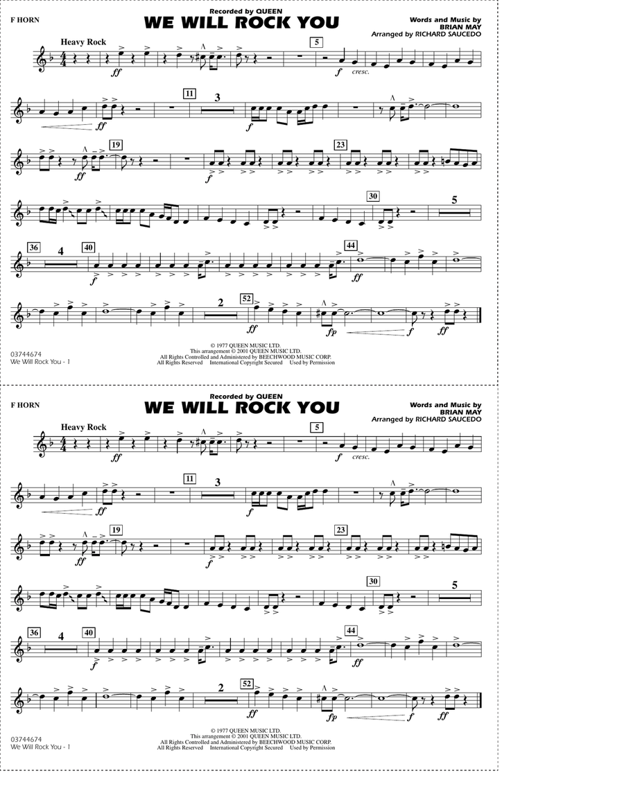 We Will Rock You (arr. Richard Saucedo) - F Horn Marching Band scores gallery preview page 1