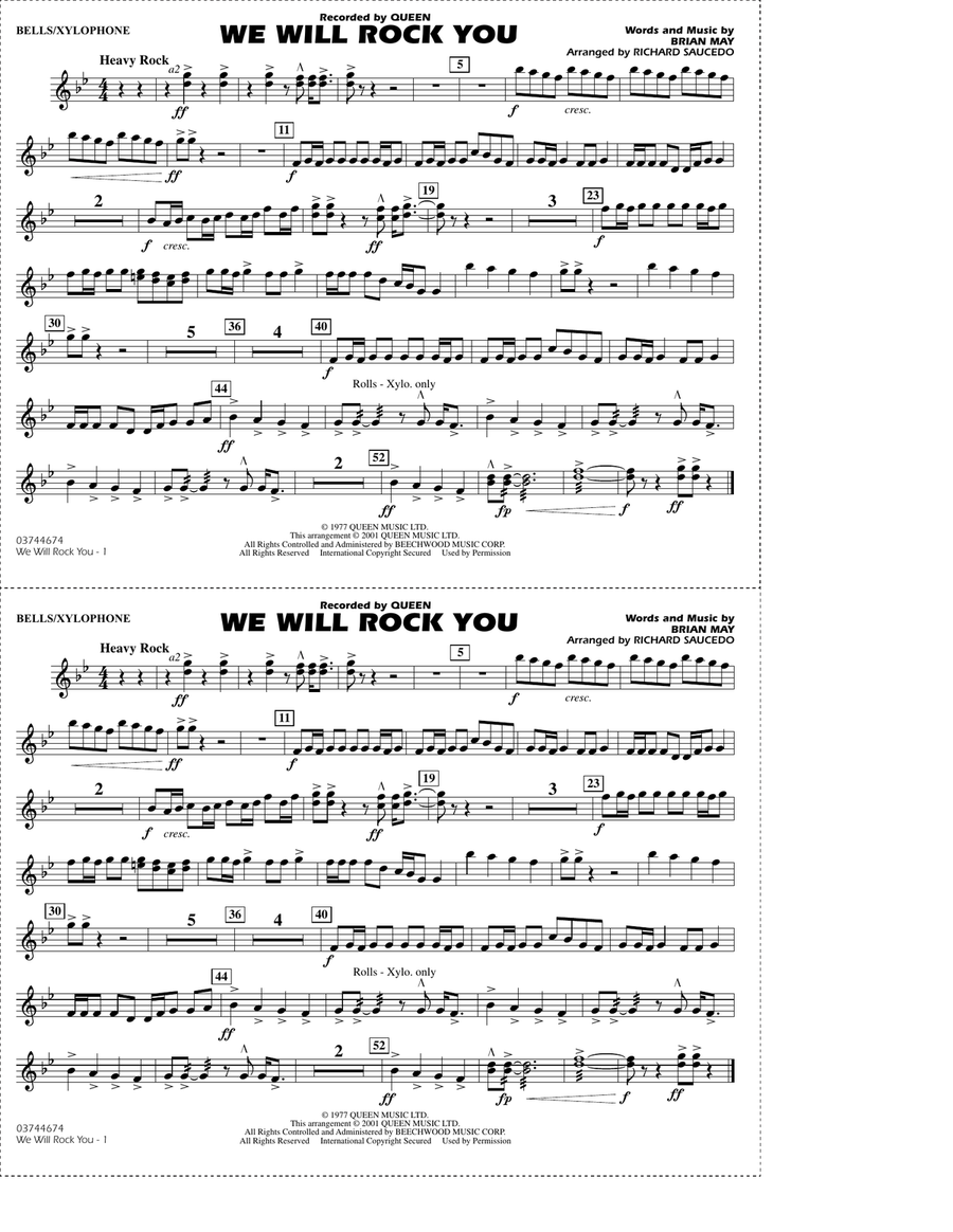 We Will Rock You (arr. Richard Saucedo) - Bells/Xylophone Marching Band scores gallery preview page 1