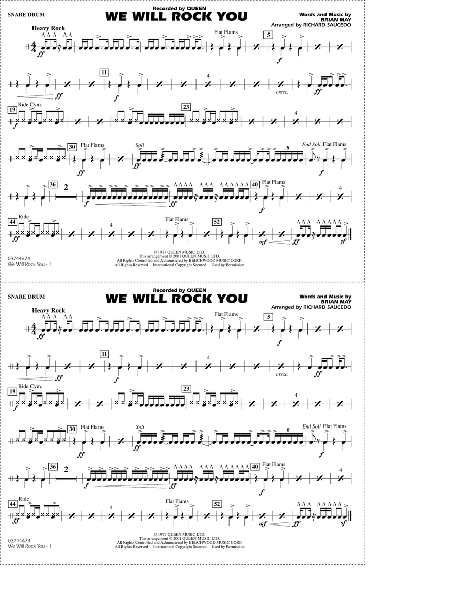 We Will Rock You (arr. Richard Saucedo) - Snare Drum Marching Band scores gallery preview page 1