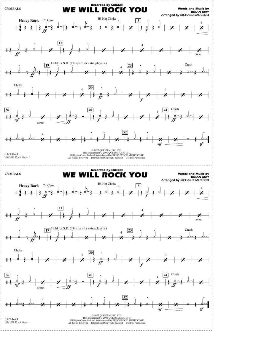 We Will Rock You (arr. Richard Saucedo) - Cymbals Marching Band scores gallery preview page 1