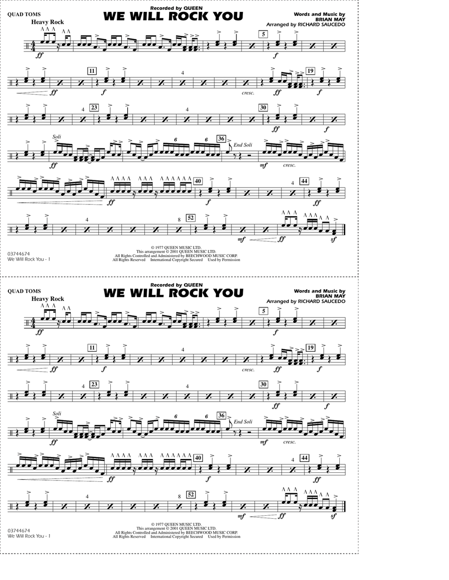 We Will Rock You (arr. Richard Saucedo) - Quad Toms Marching Band scores gallery preview page 1