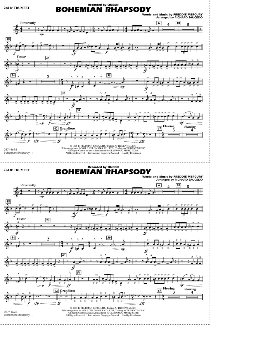 Bohemian Rhapsody (arr. Richard Saucedo) - 2nd Bb Trumpet Marching Band scores gallery preview page 1