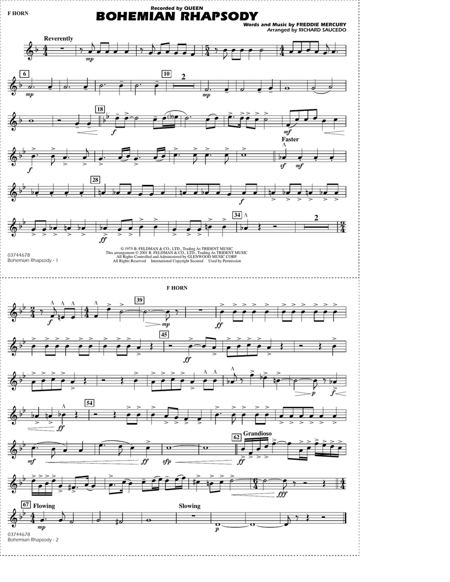 Bohemian Rhapsody (arr. Richard Saucedo) - F Horn Marching Band scores gallery preview page 1