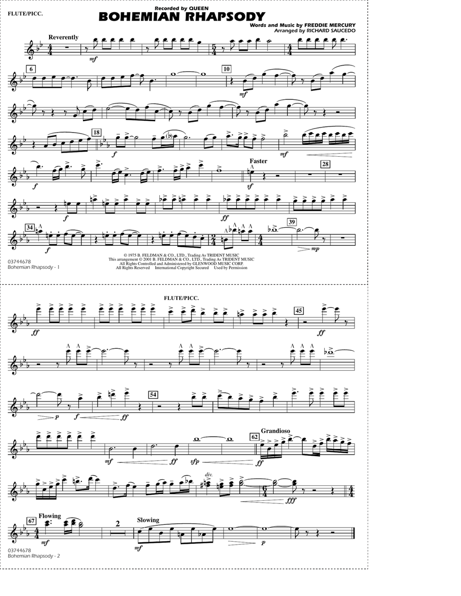 Bohemian Rhapsody (arr. Richard Saucedo) - Flute/Piccolo Marching Band scores gallery preview page 1