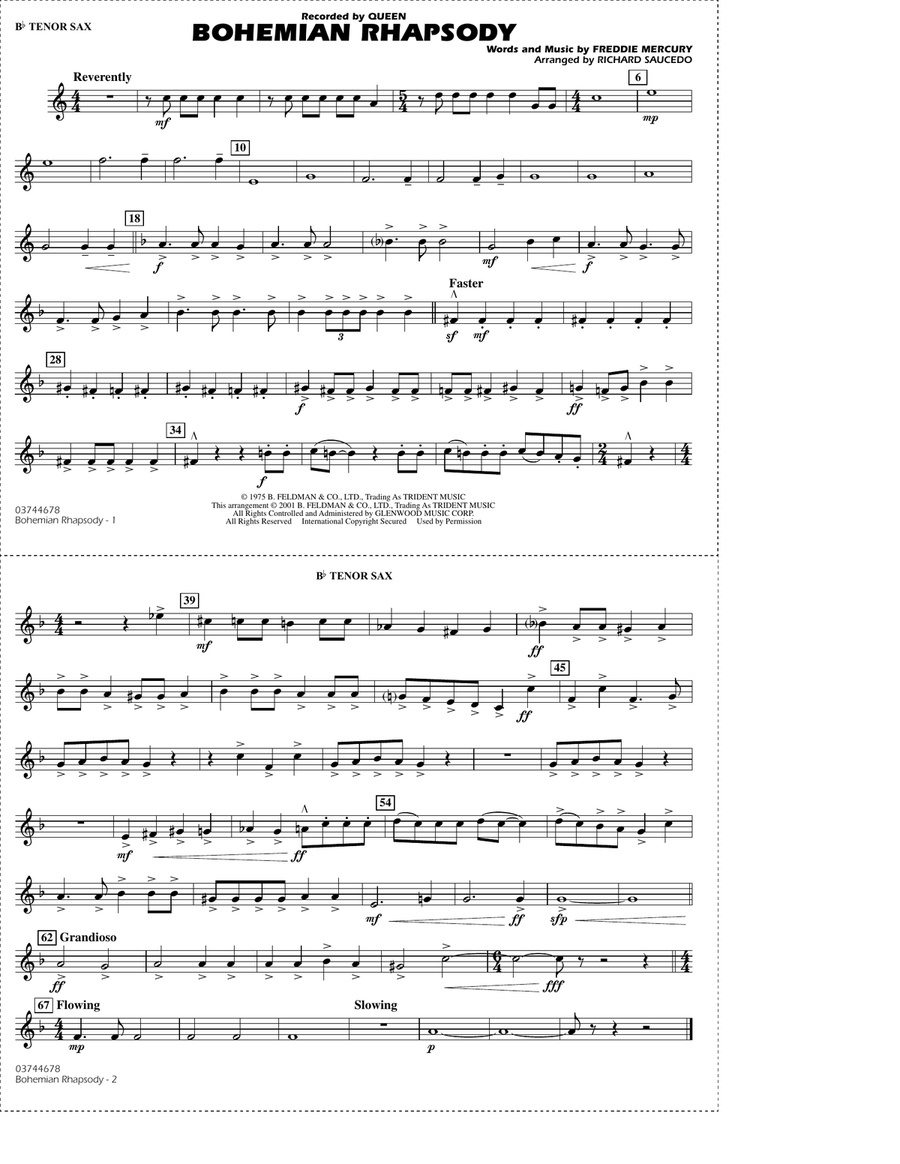 Bohemian Rhapsody (arr. Richard Saucedo) - Bb Tenor Sax Marching Band scores gallery preview page 1