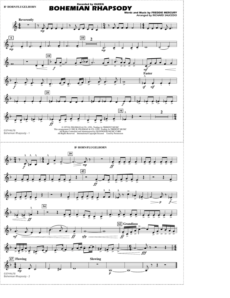 Bohemian Rhapsody (arr. Richard Saucedo) - Bb Horn/Flugelhorn Marching Band scores gallery preview page 1