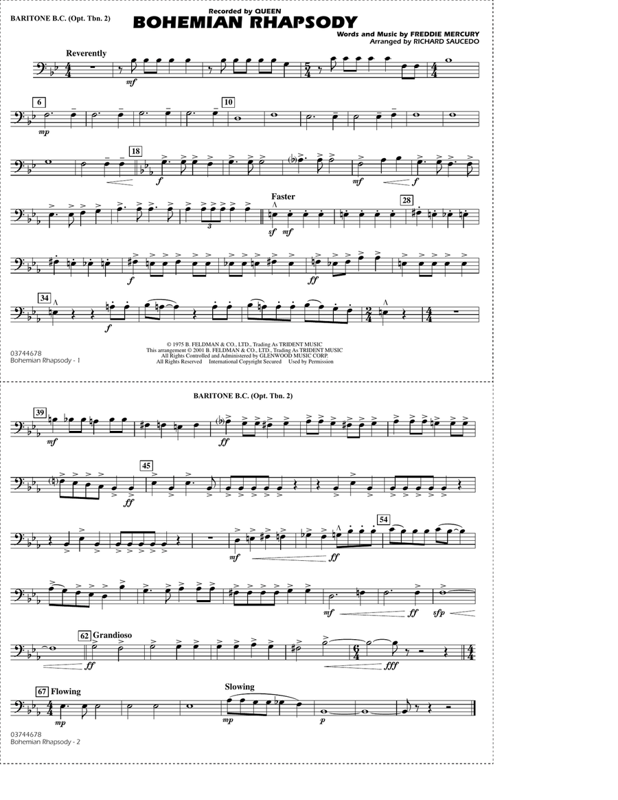 Bohemian Rhapsody (arr. Richard Saucedo) - Baritone B.C. (Opt. Tbn. 2) Marching Band scores gallery preview page 1