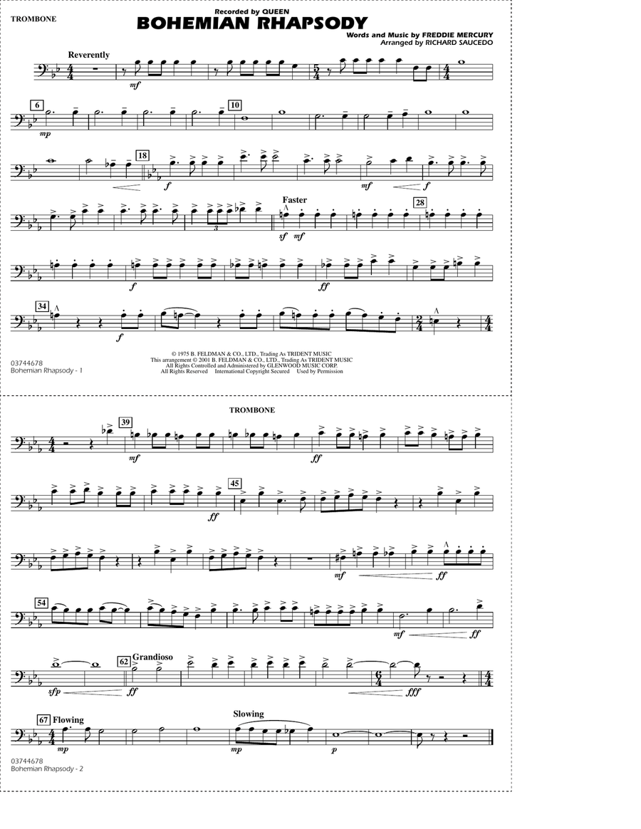 Bohemian Rhapsody (arr. Richard Saucedo) - Trombone Marching Band scores gallery preview page 1
