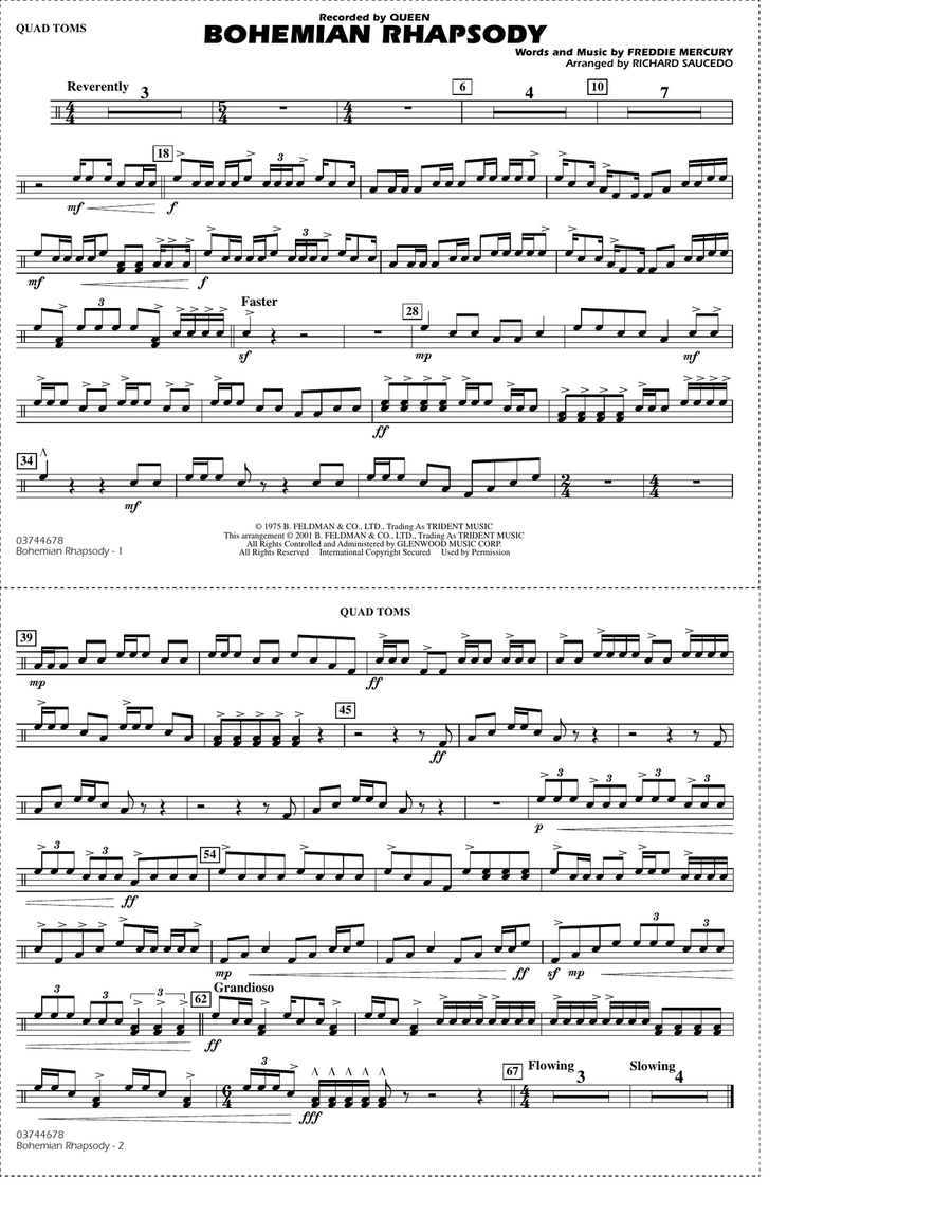 Bohemian Rhapsody (arr. Richard Saucedo) - Quad Toms Marching Band scores gallery preview page 1