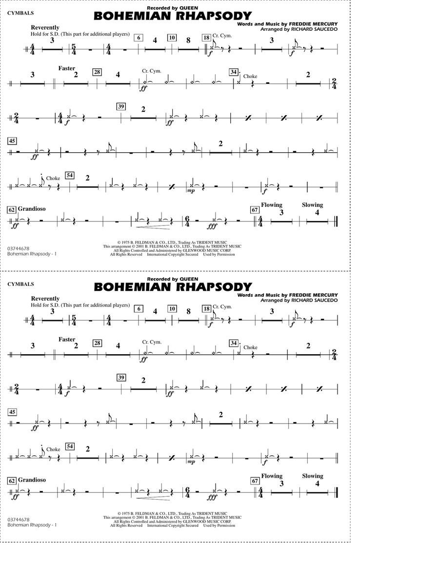 Bohemian Rhapsody (arr. Richard Saucedo) - Cymbals Marching Band scores gallery preview page 1