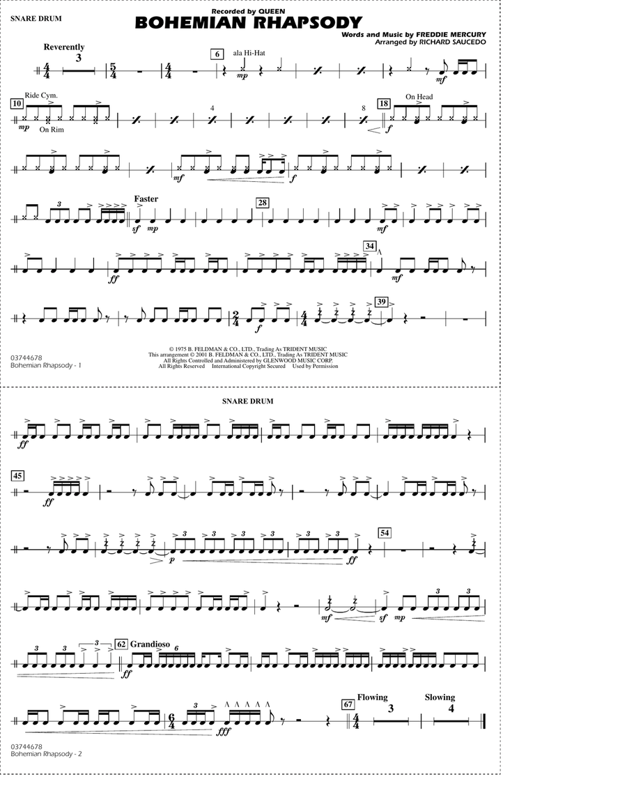 Bohemian Rhapsody (arr. Richard Saucedo) - Snare Drum Marching Band scores gallery preview page 1