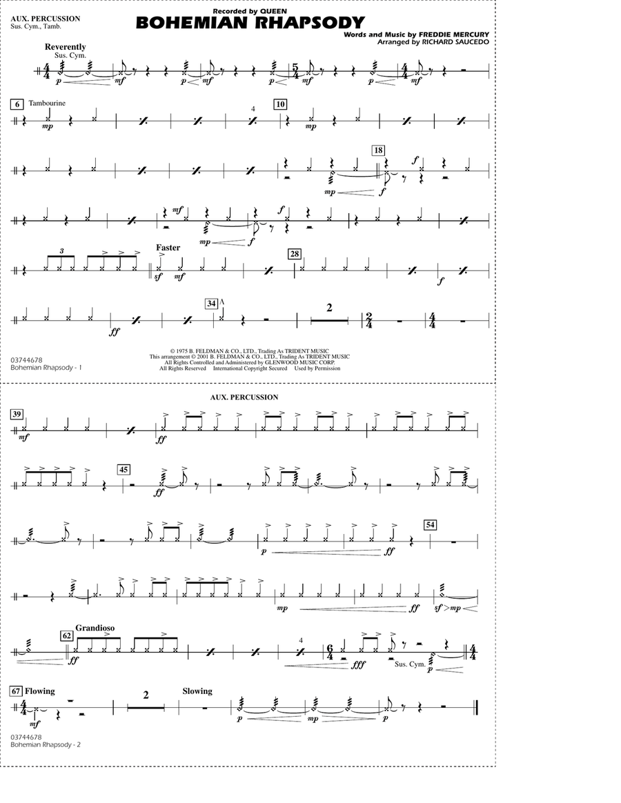 Bohemian Rhapsody (arr. Richard Saucedo) - Aux Percussion Marching Band scores gallery preview page 1