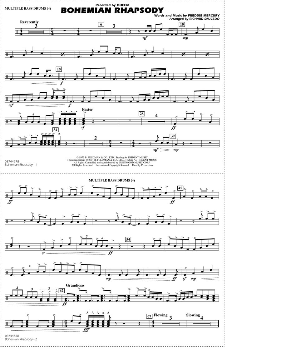 Bohemian Rhapsody (arr. Richard Saucedo) - Multiple Bass Drums Marching Band scores gallery preview page 1