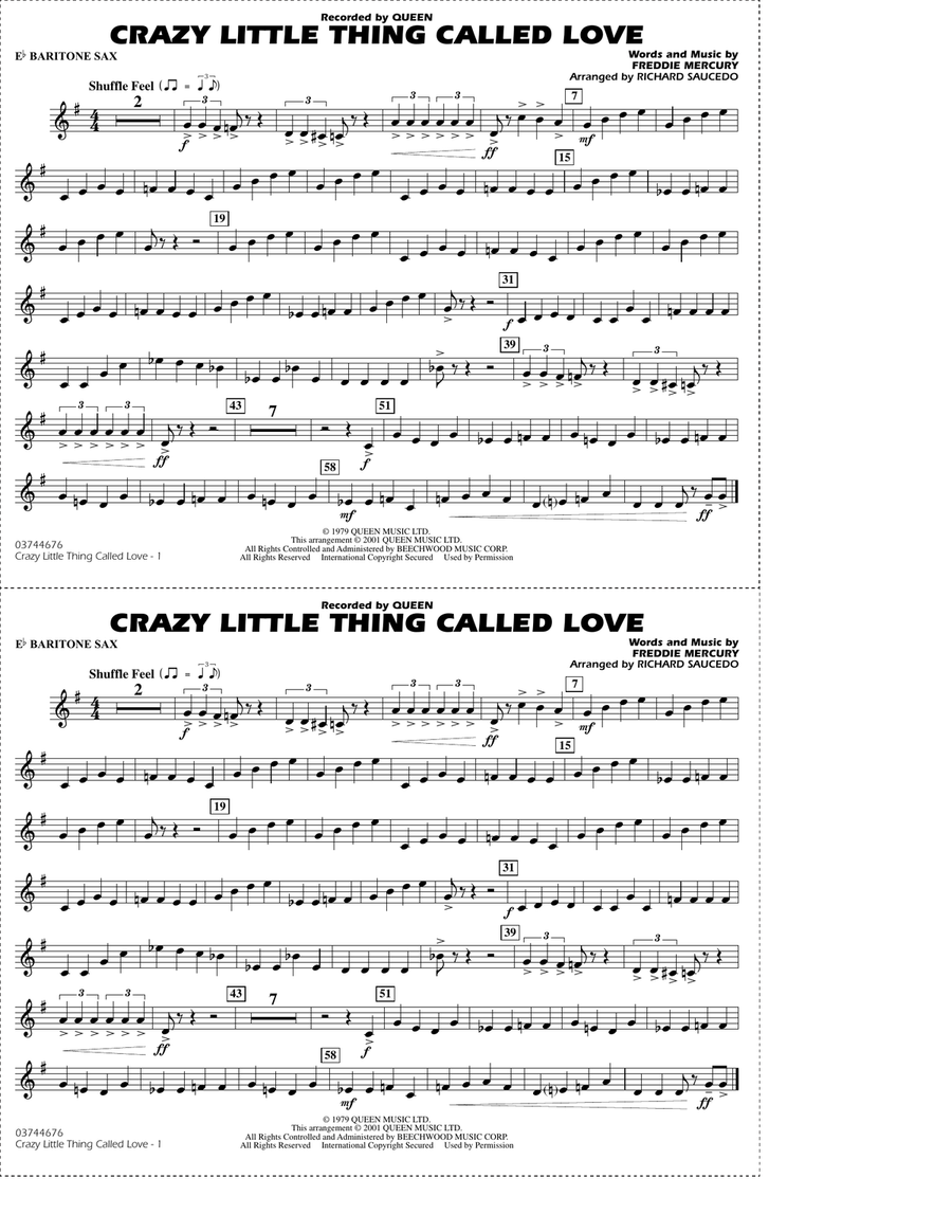 Crazy Little Thing Called Love (arr. Richard Saucedo) - Eb Baritone Sax Marching Band scores gallery preview page 1