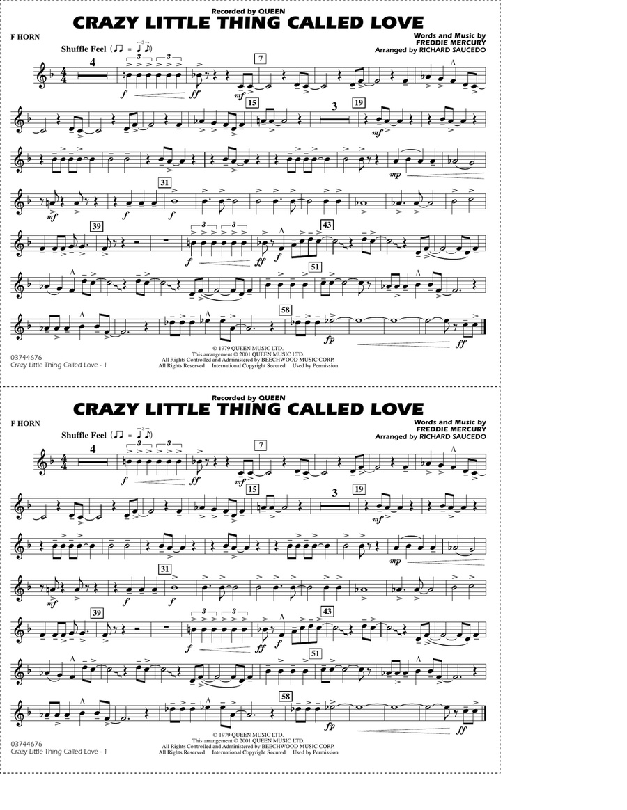 Crazy Little Thing Called Love (arr. Richard Saucedo) - F Horn Marching Band scores gallery preview page 1