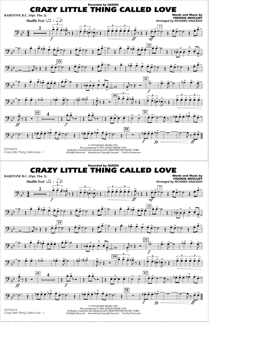 Crazy Little Thing Called Love (arr. Richard Saucedo) - Baritone B.C. (Opt. Tbn. 2) Marching Band scores gallery preview page 1