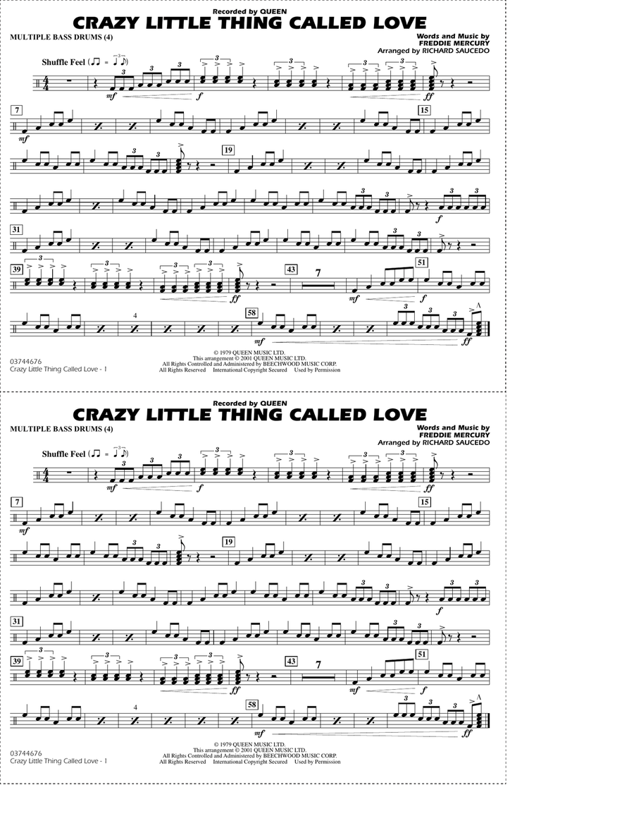 Crazy Little Thing Called Love (arr. Richard Saucedo) - Multiple Bass Drums Marching Band scores gallery preview page 1