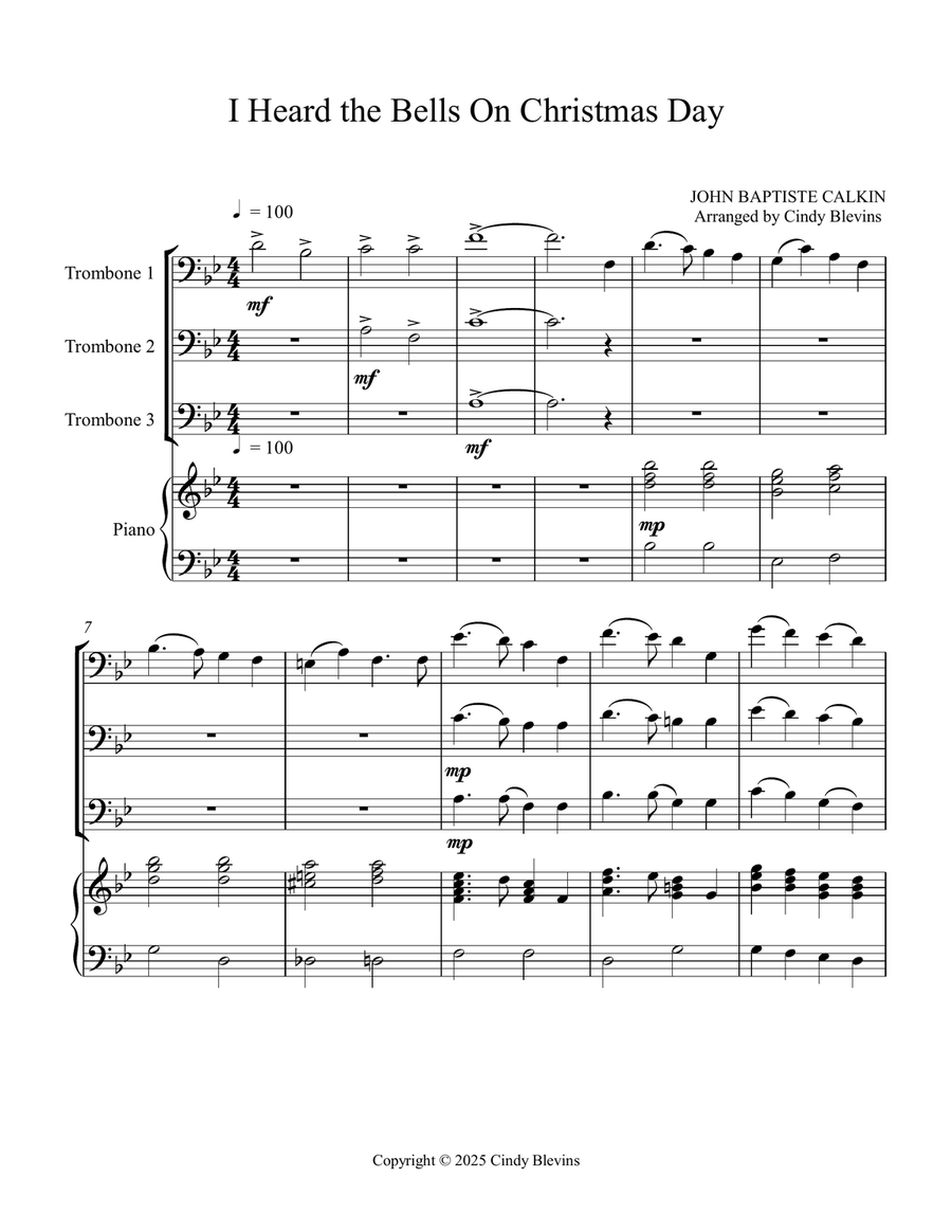 I Heard the Bells On Christmas Day, for Three Trombones and Piano Trombone Trio scores gallery preview page 2