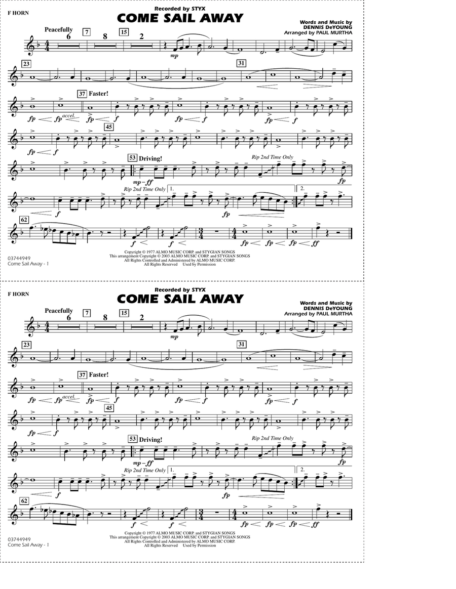 Come Sail Away (arr. Paul Murtha) - F Horn Marching Band scores gallery preview page 1