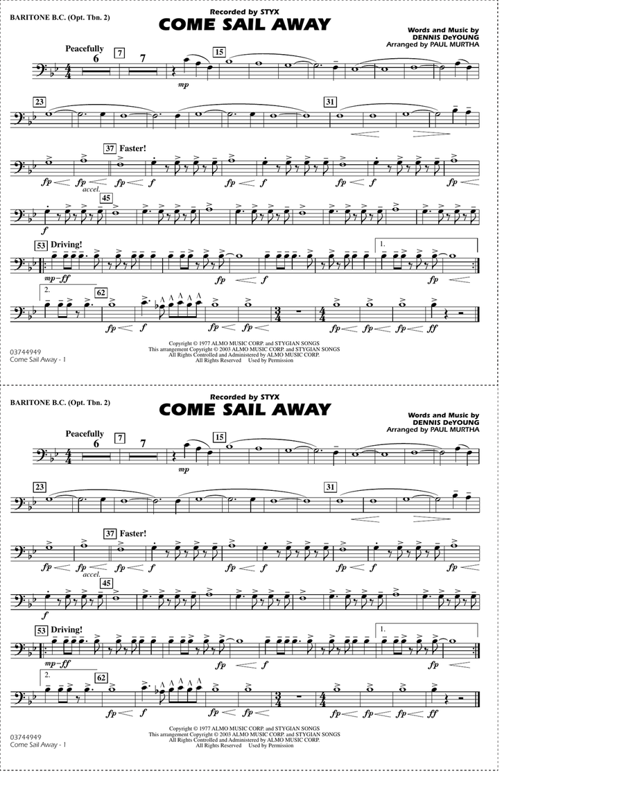 Come Sail Away (arr. Paul Murtha) - Baritone B.C. (Opt. Tbn. 2) Marching Band scores gallery preview page 1