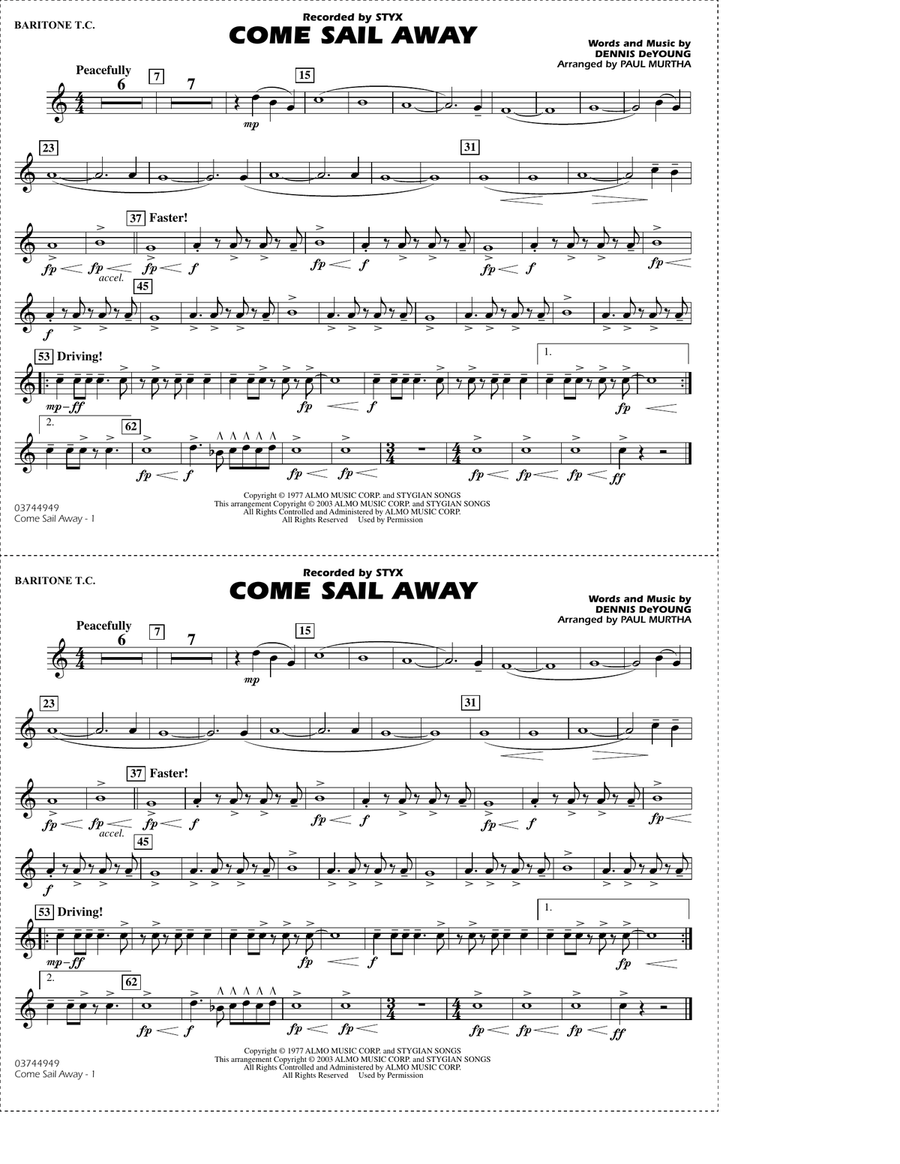 Come Sail Away (arr. Paul Murtha) - Baritone T.C. Marching Band scores gallery preview page 1