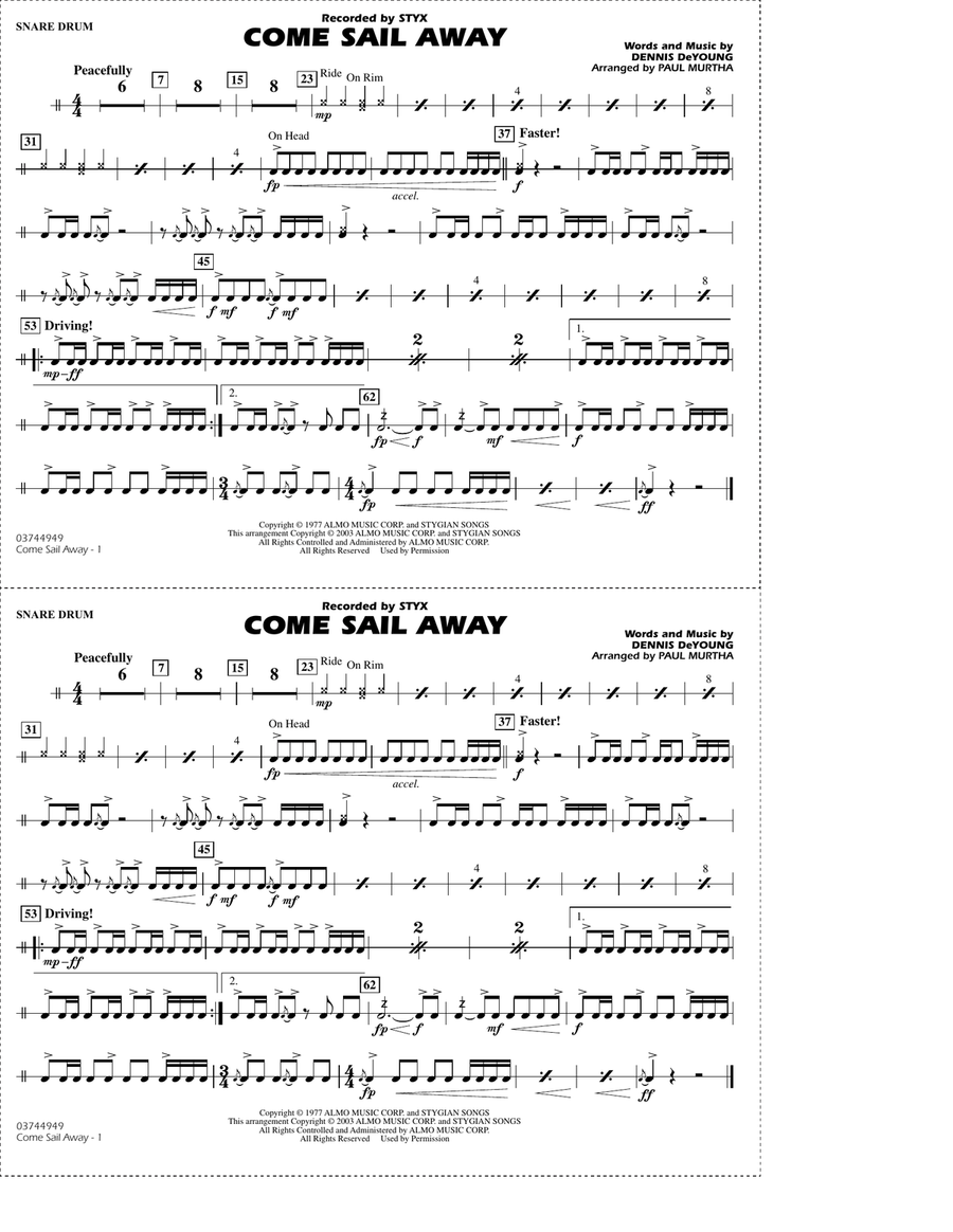 Come Sail Away (arr. Paul Murtha) - Snare Drum Marching Band scores gallery preview page 1