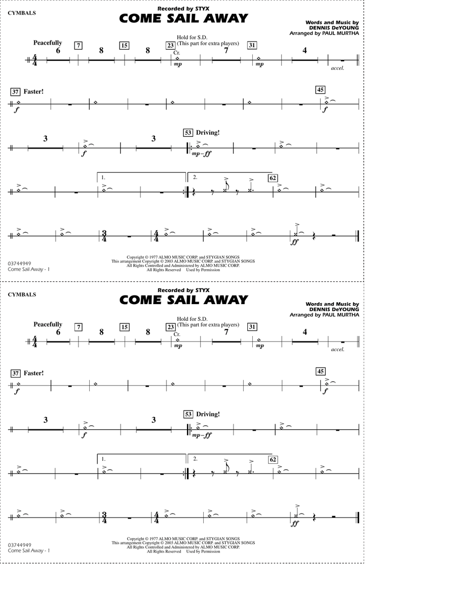 Come Sail Away (arr. Paul Murtha) - Cymbals Marching Band scores gallery preview page 1