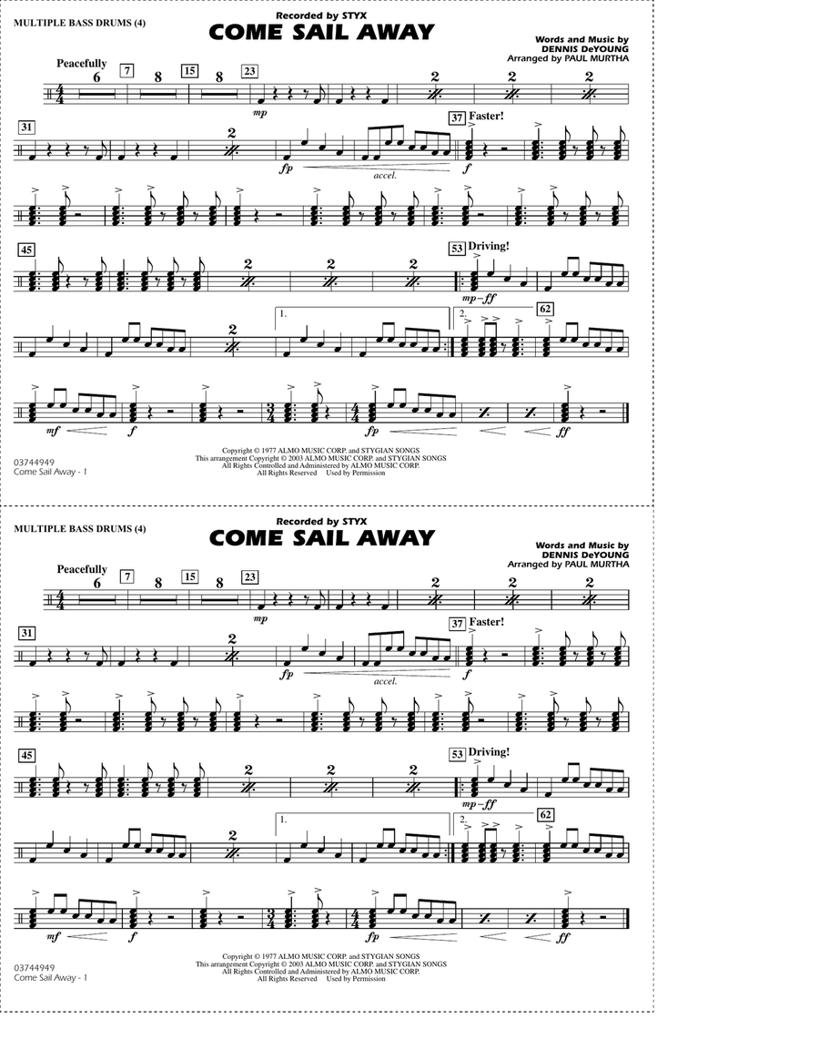 Come Sail Away (arr. Paul Murtha) - Multiple Bass Drums Marching Band scores gallery preview page 1
