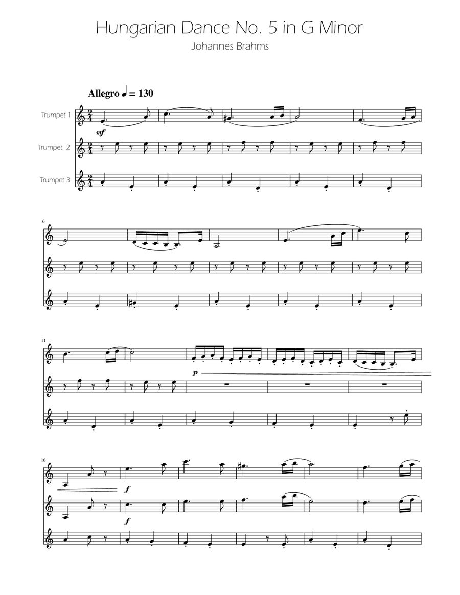 Hungarian Dance No. 5 - Trumpet Trio Trumpet Trio scores gallery preview page 1
