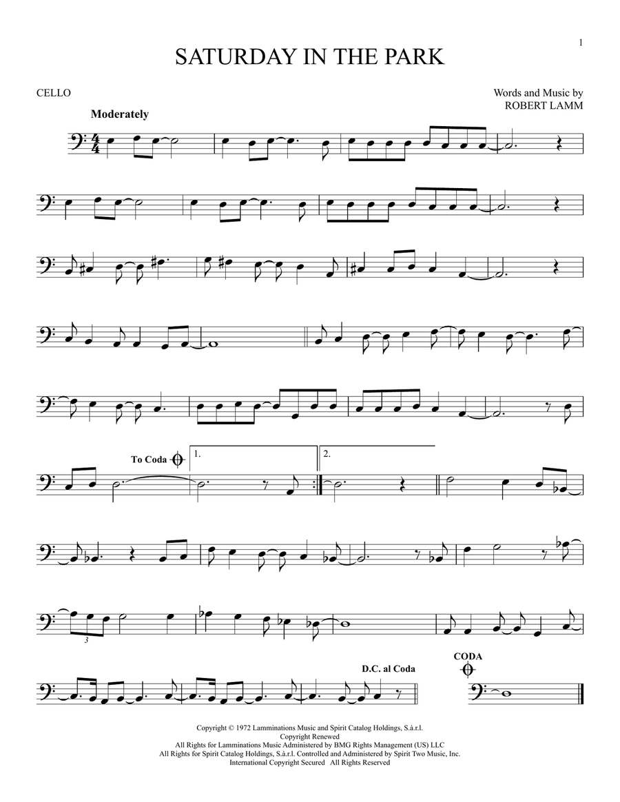 Saturday In The Park Saturday In The Park Cello Solo scores gallery preview page 1