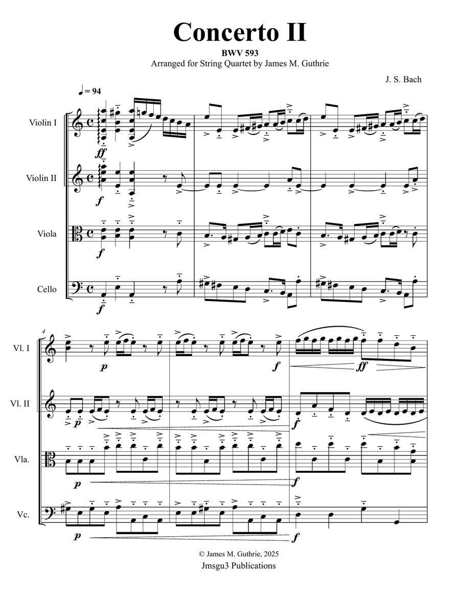 Bach: Concerto No. 2 BWV 593 for String Quartet - Score Only String Quartet scores gallery preview page 1