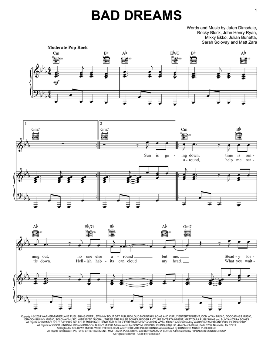 Bad Dreams Bad Dreams Piano, Vocal, Guitar scores gallery preview page 1
