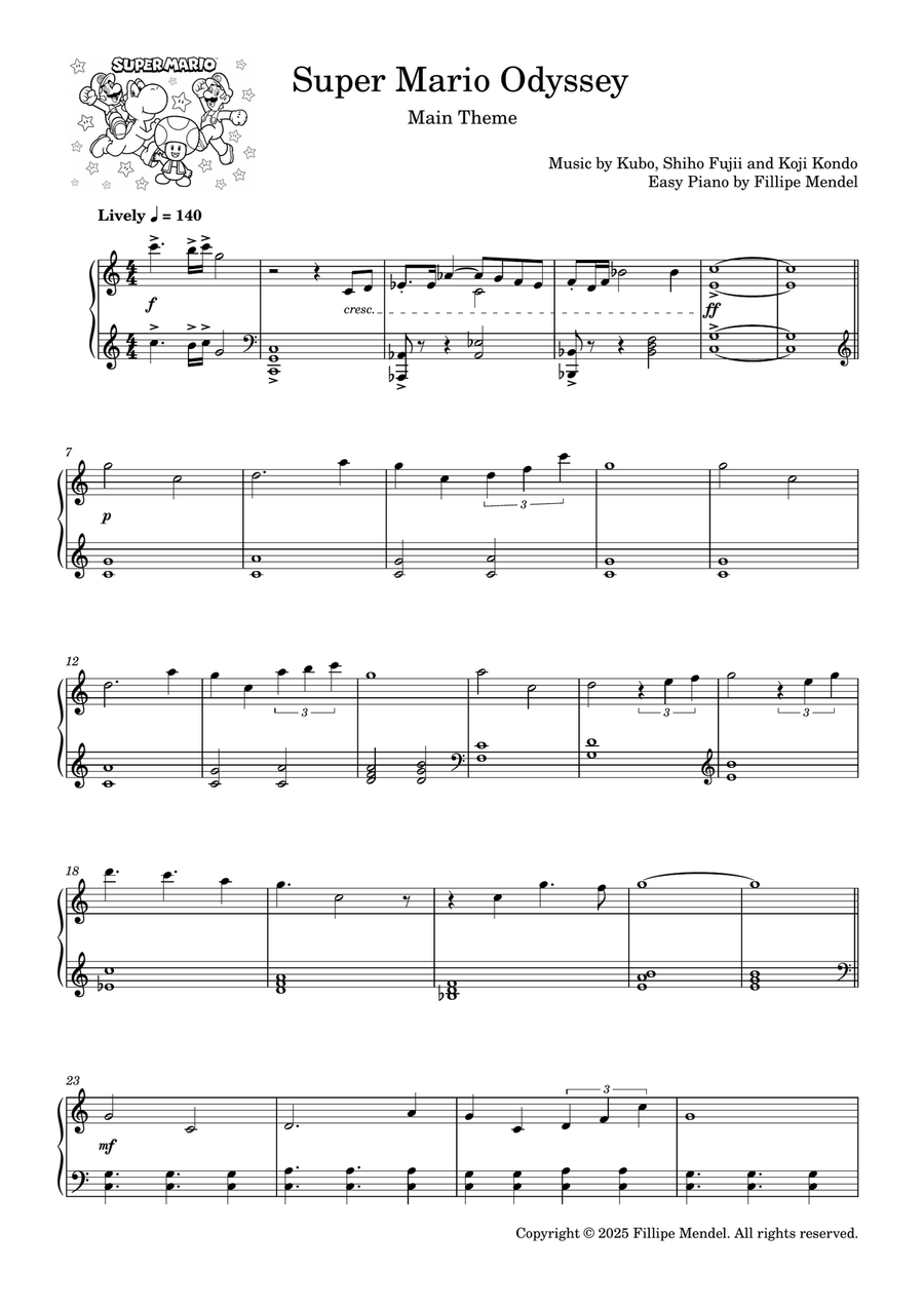 Super Mario Odyssey 'Main Theme' (easy piano) Easy Piano scores gallery preview page 1