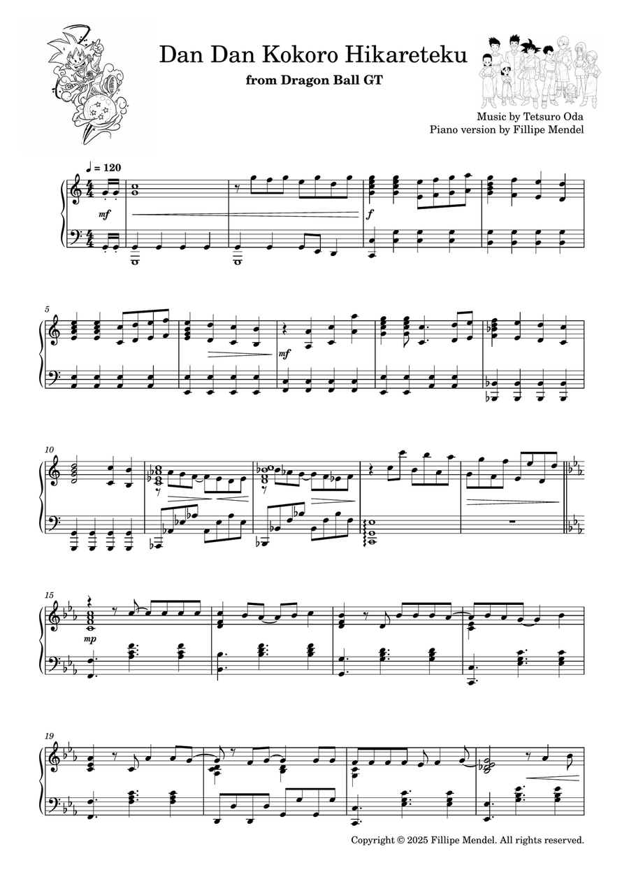 Dragon Ball GT - Dan Dan Kokoro Hikareteku (intermediate piano) Easy Piano scores gallery preview page 1