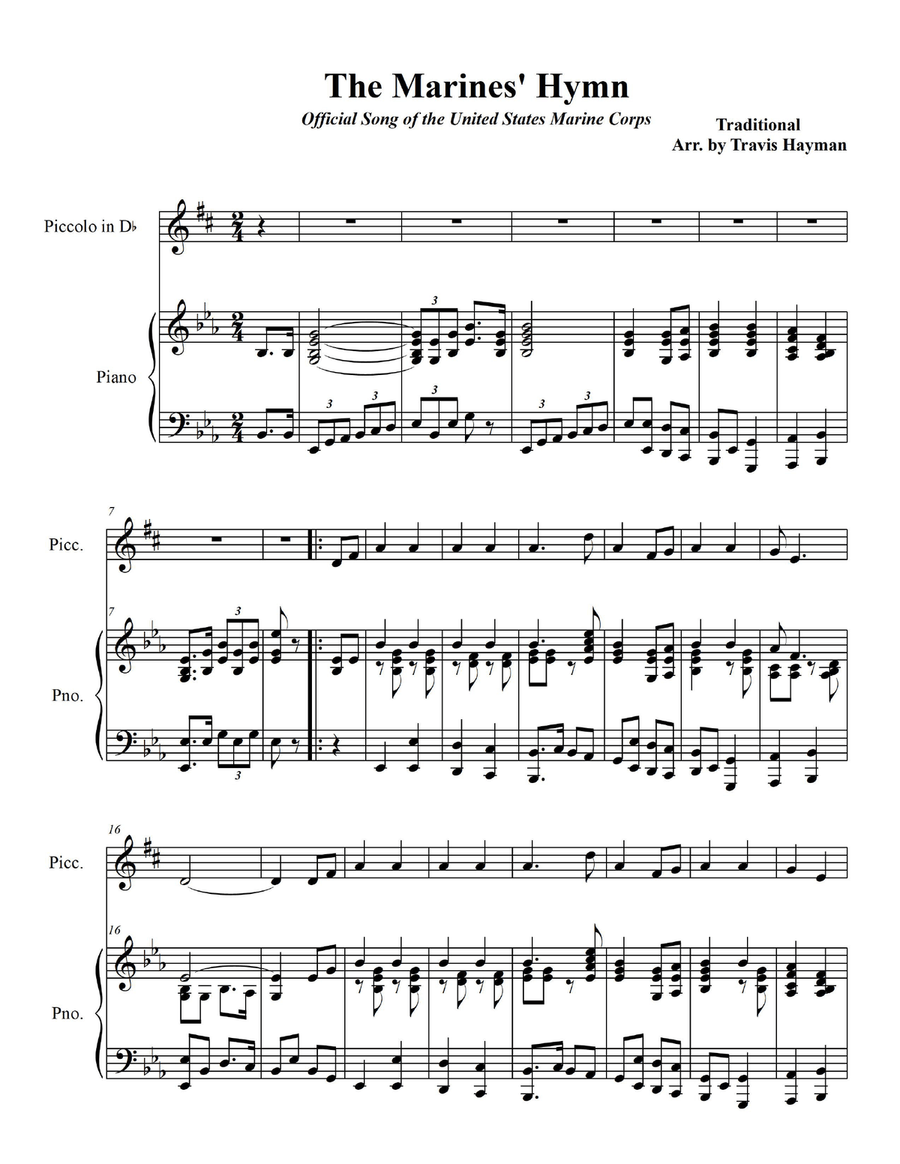Marines' Hymn - for Piccolo in Db with Piano Accompaniment Piccolo scores gallery preview page 3
